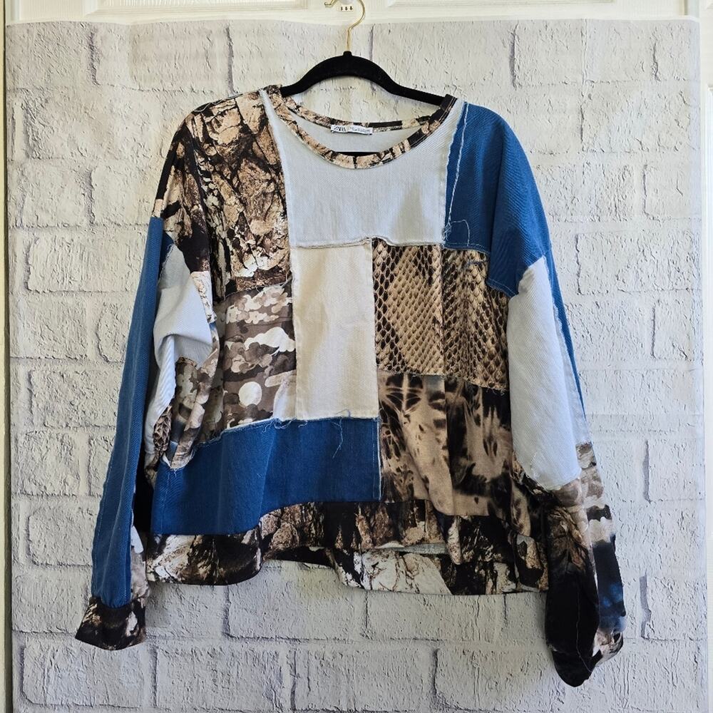 Zara Patchwork Mixed Print Long Sleeve Top - Picture 2 of 13